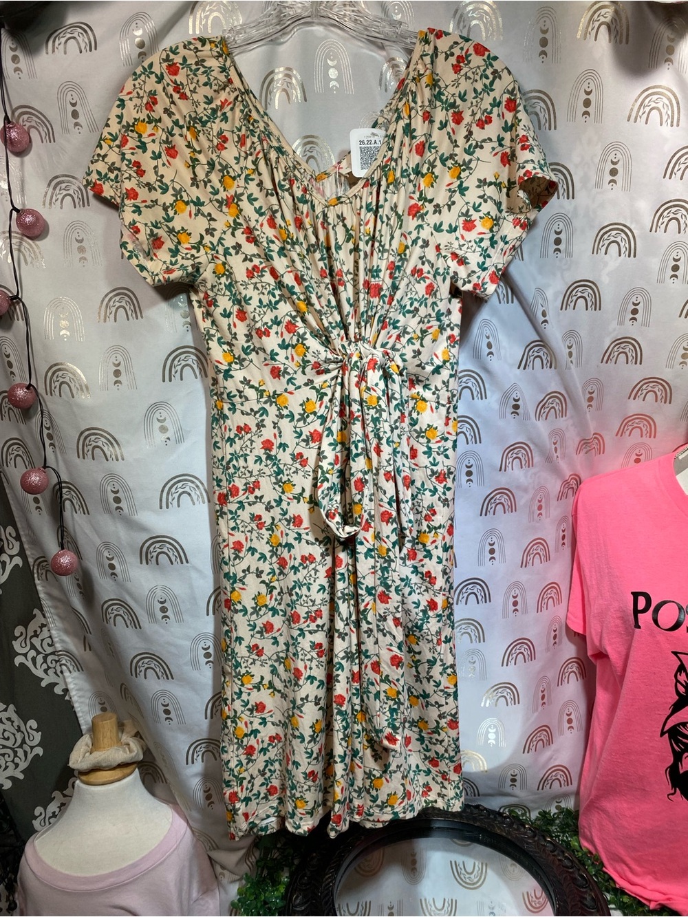 Tie-Front Cream Floral Midi Dress with Short Sleeves